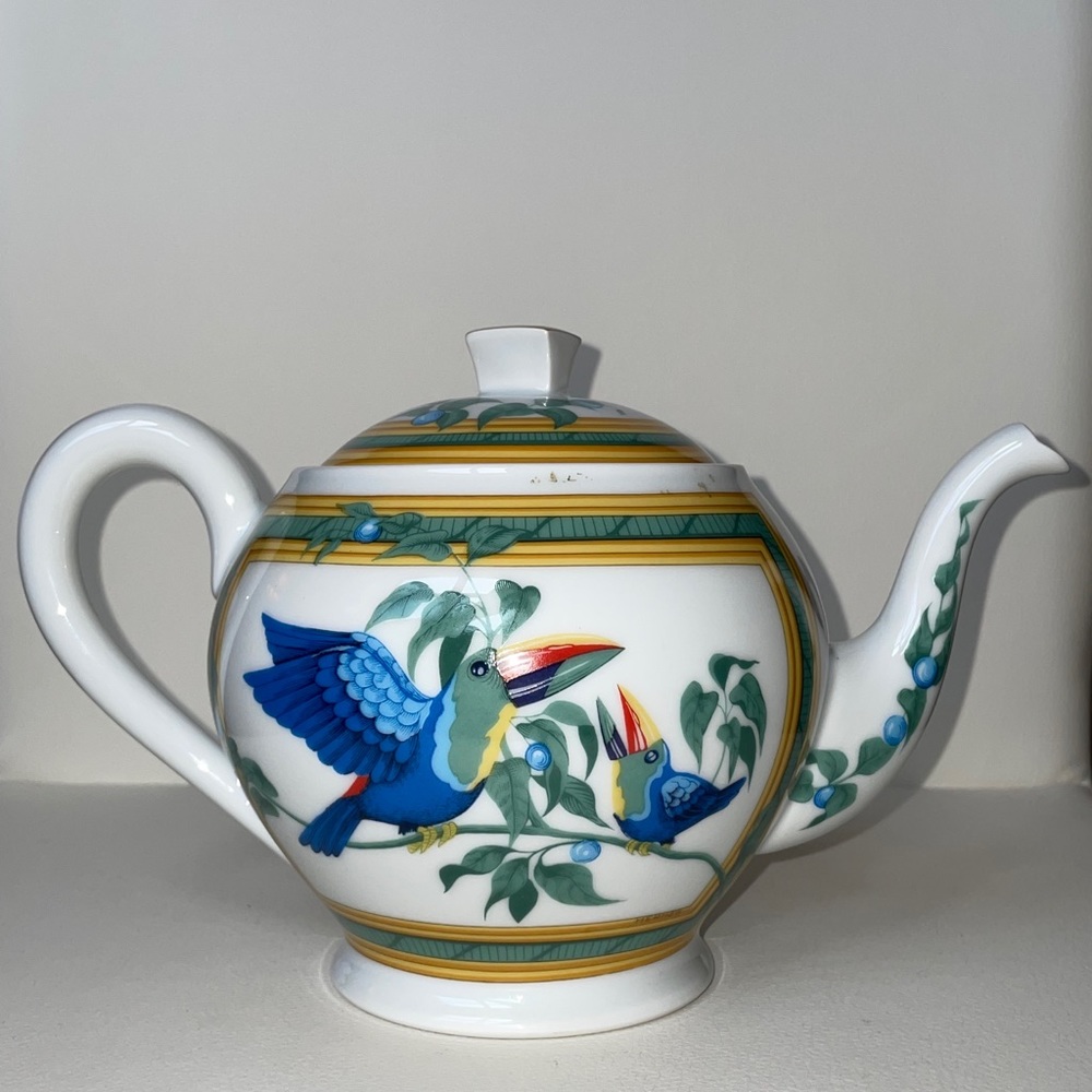 Authentic Hermes "Toucans" 'Tea pot', 'Sugar pot' & 'Milk pitcher